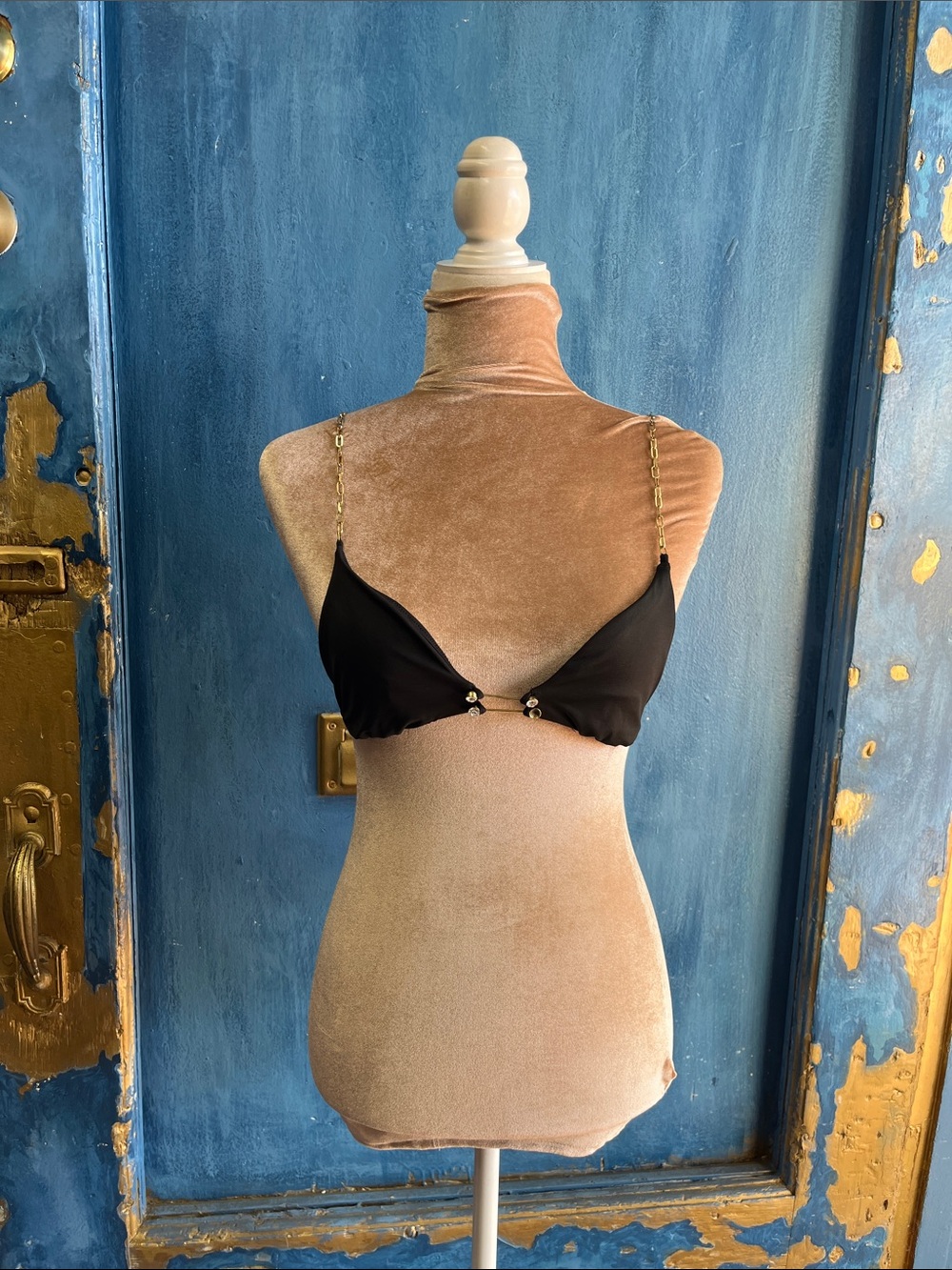 Source Unknown Black Triangle Bralette with Gold Chain Straps